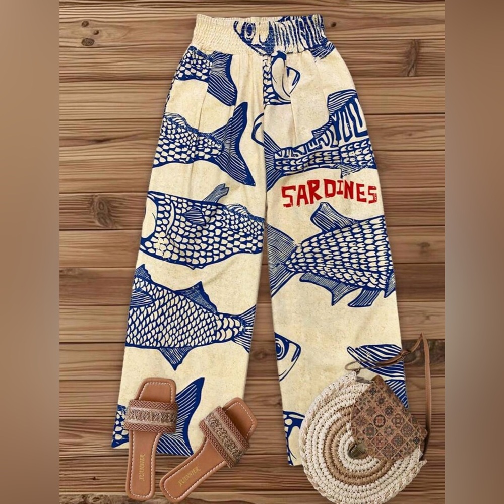 Blue and Cream Sardine Print Pants